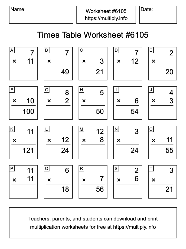 Times Table Worksheet #6105