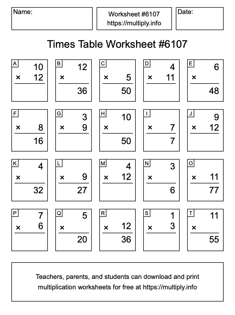 Times Table Worksheet #6107