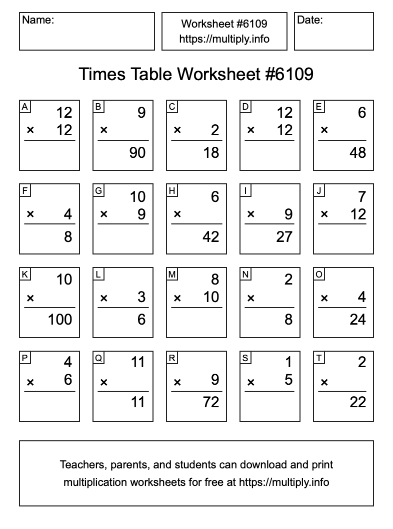 Times Table Worksheet #6109