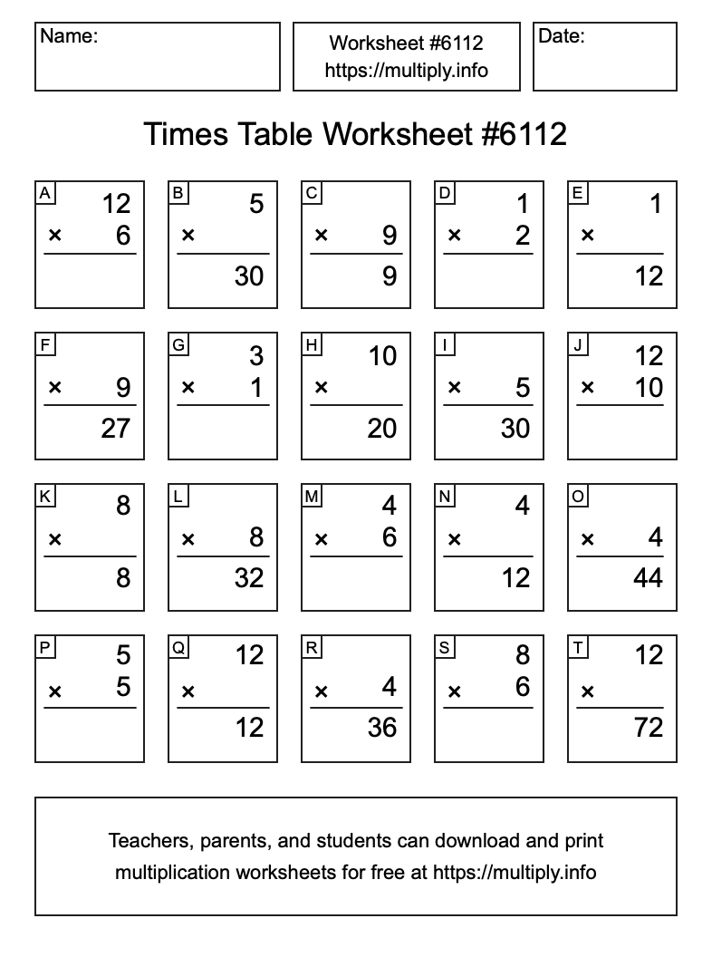 Times Table Worksheet #6112