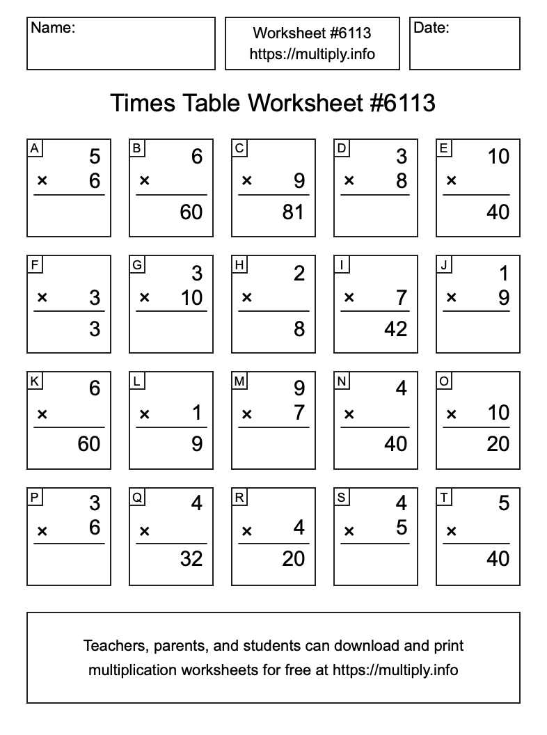 Times Table Worksheet #6113