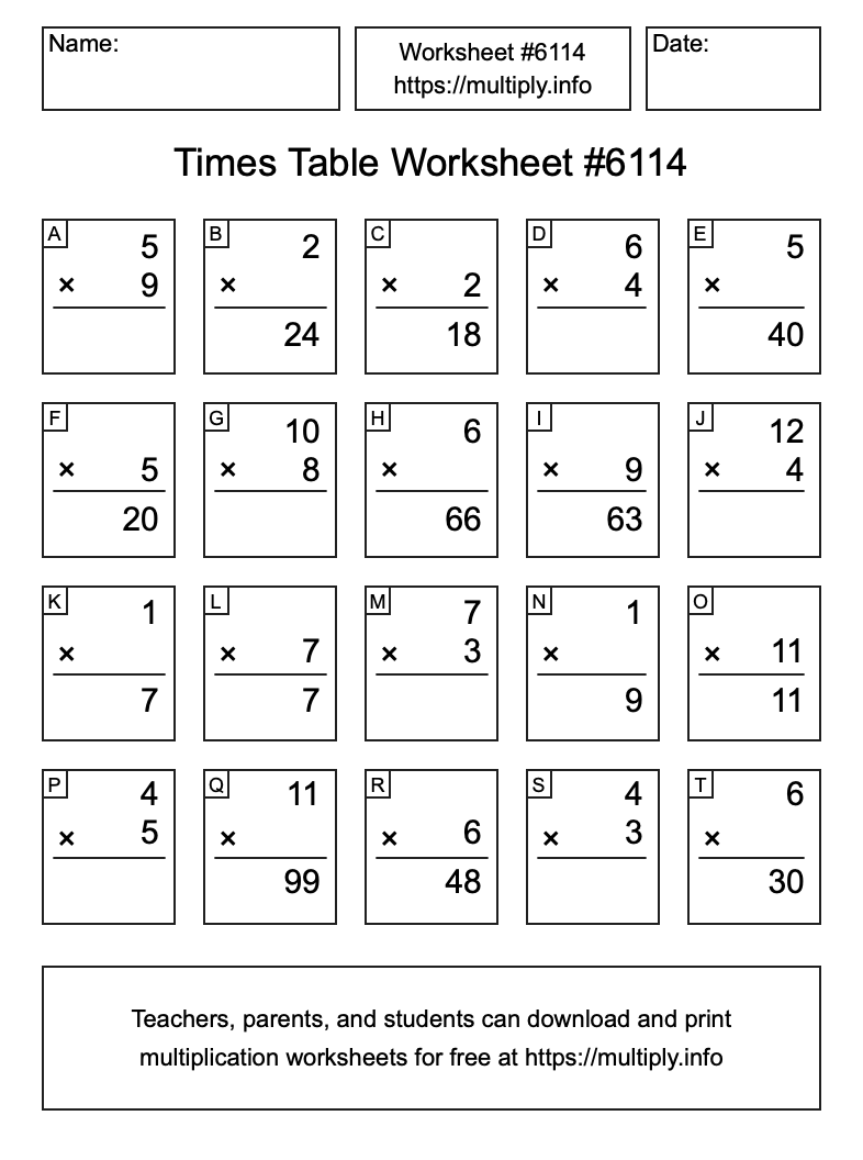 Times Table Worksheet #6114