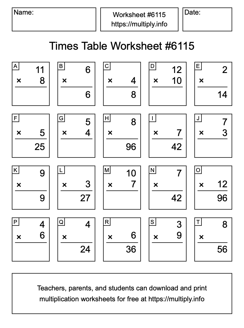 Times Table Worksheet #6115