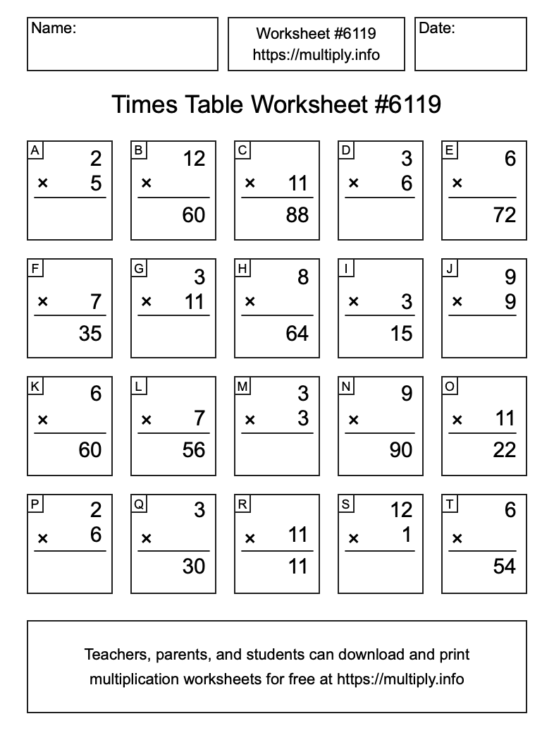 Times Table Worksheet #6119