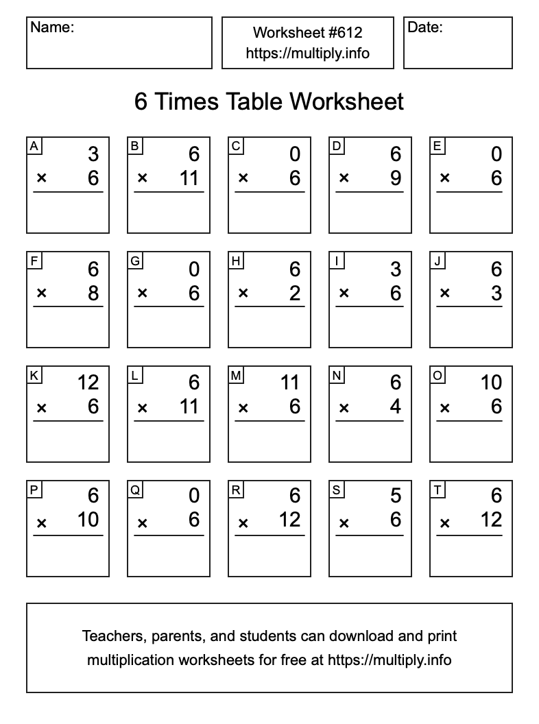 6 Times Table Worksheet #612