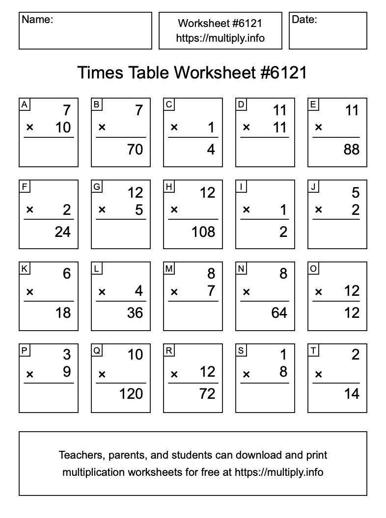 Times Table Worksheet #6121