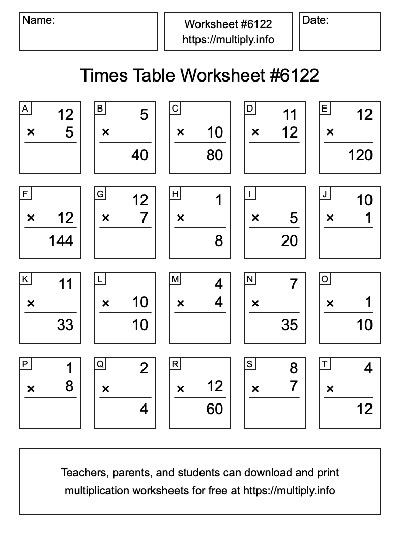Times Table Worksheet #6122