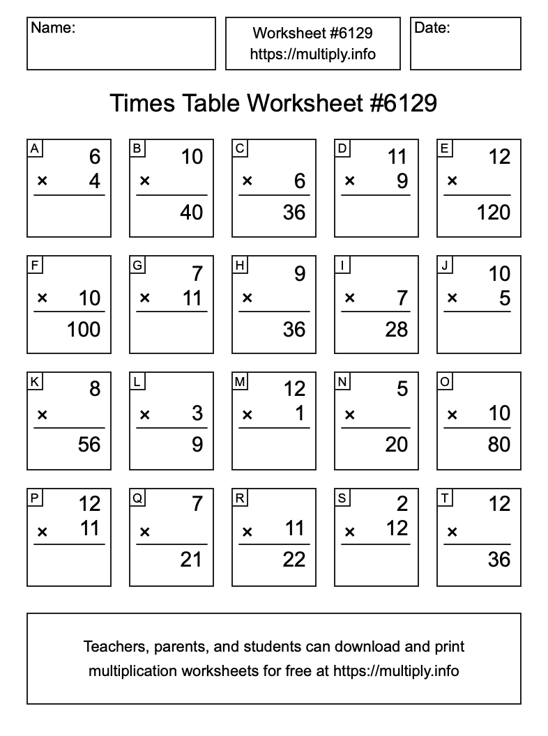 Times Table Worksheet #6129