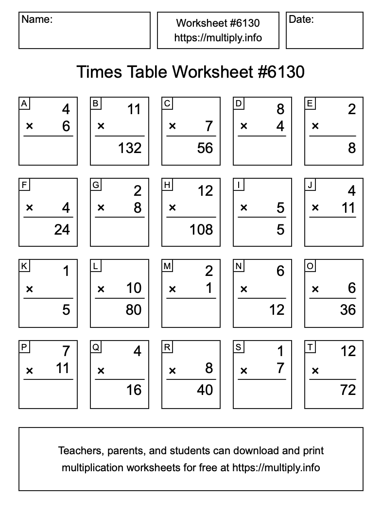 Times Table Worksheet #6130