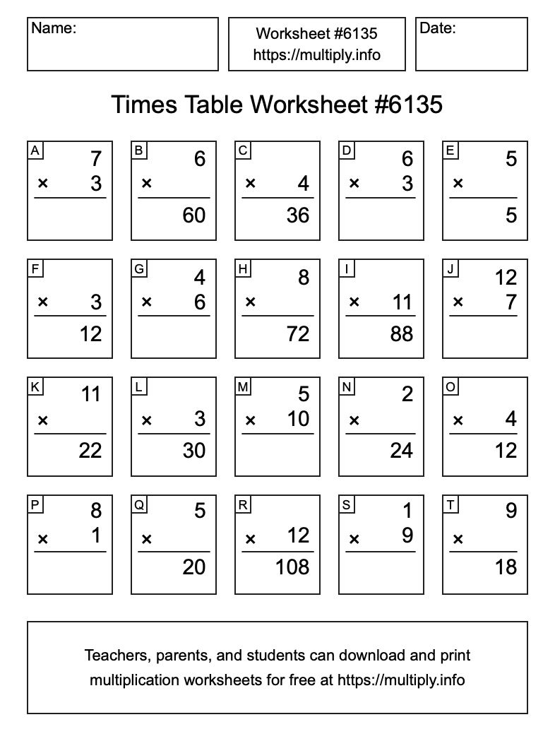 Times Table Worksheet #6135