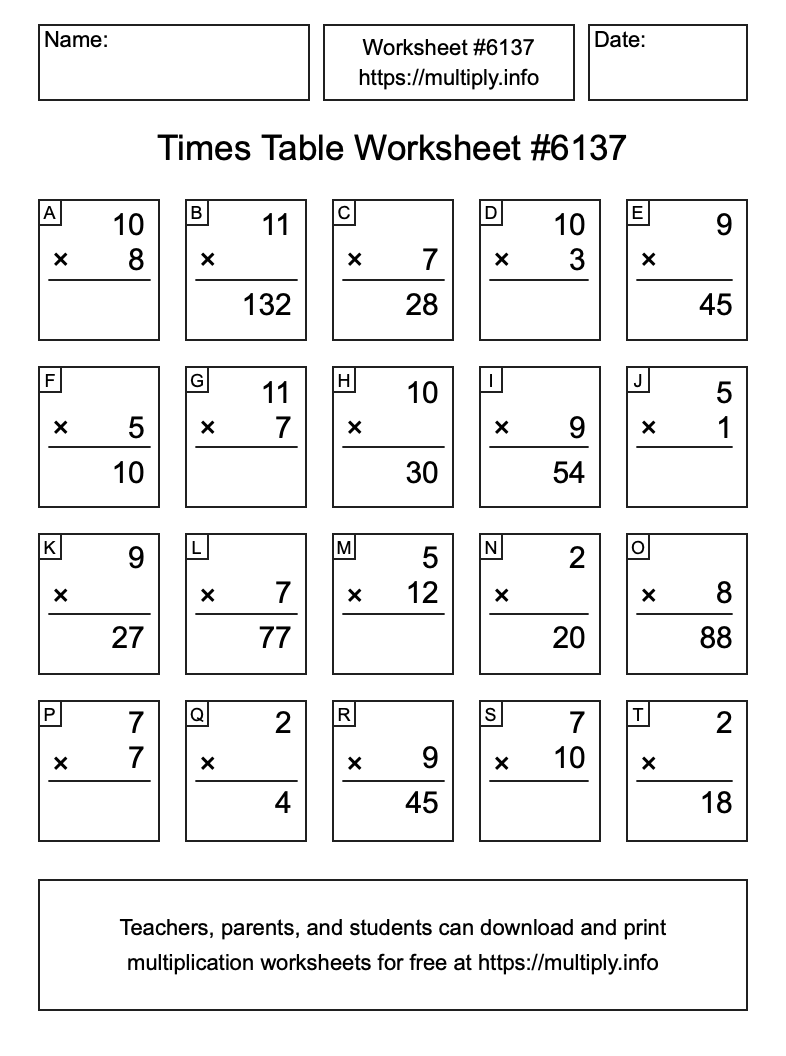 Times Table Worksheet #6137