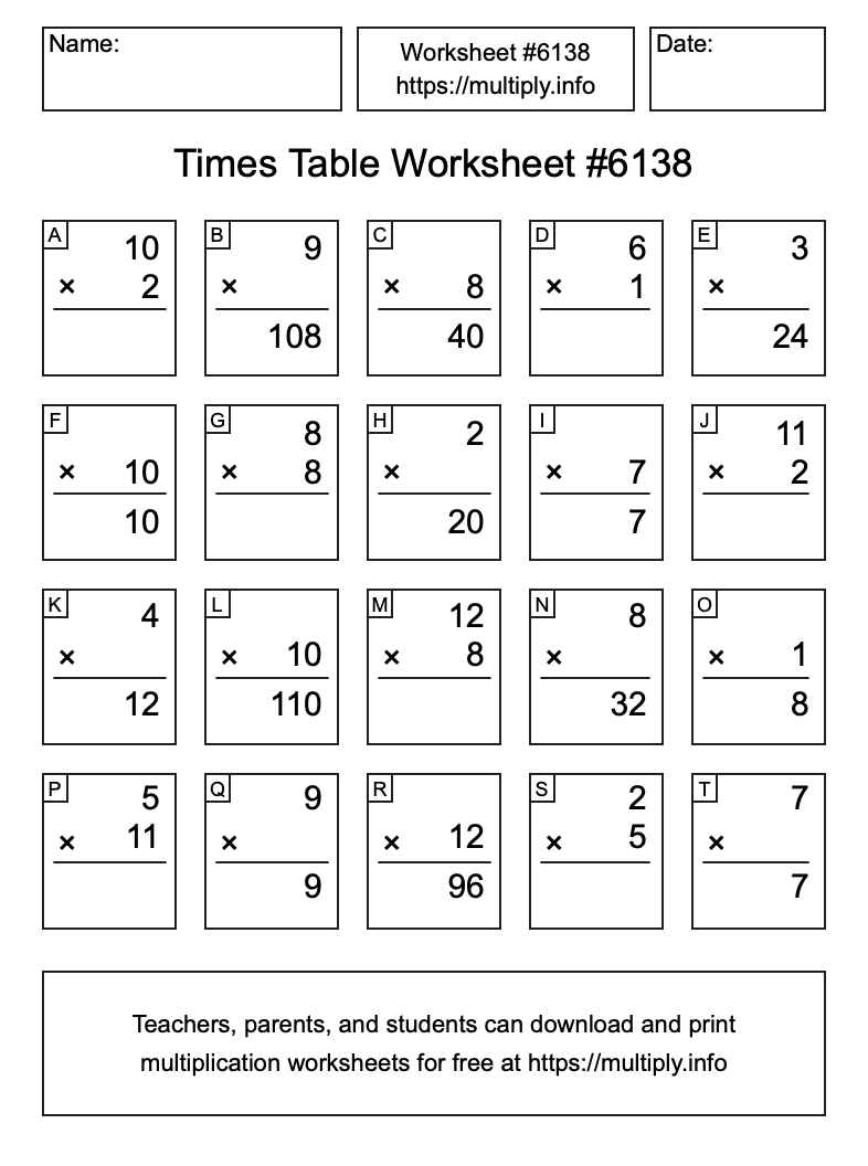 Times Table Worksheet #6138