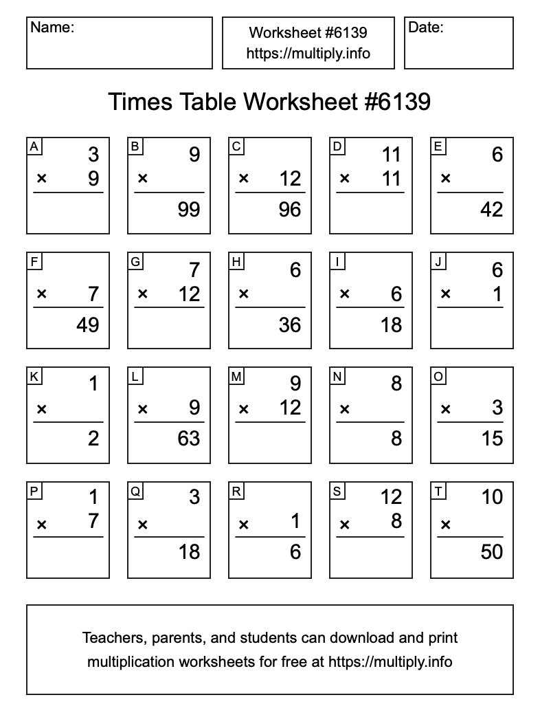 Times Table Worksheet #6139