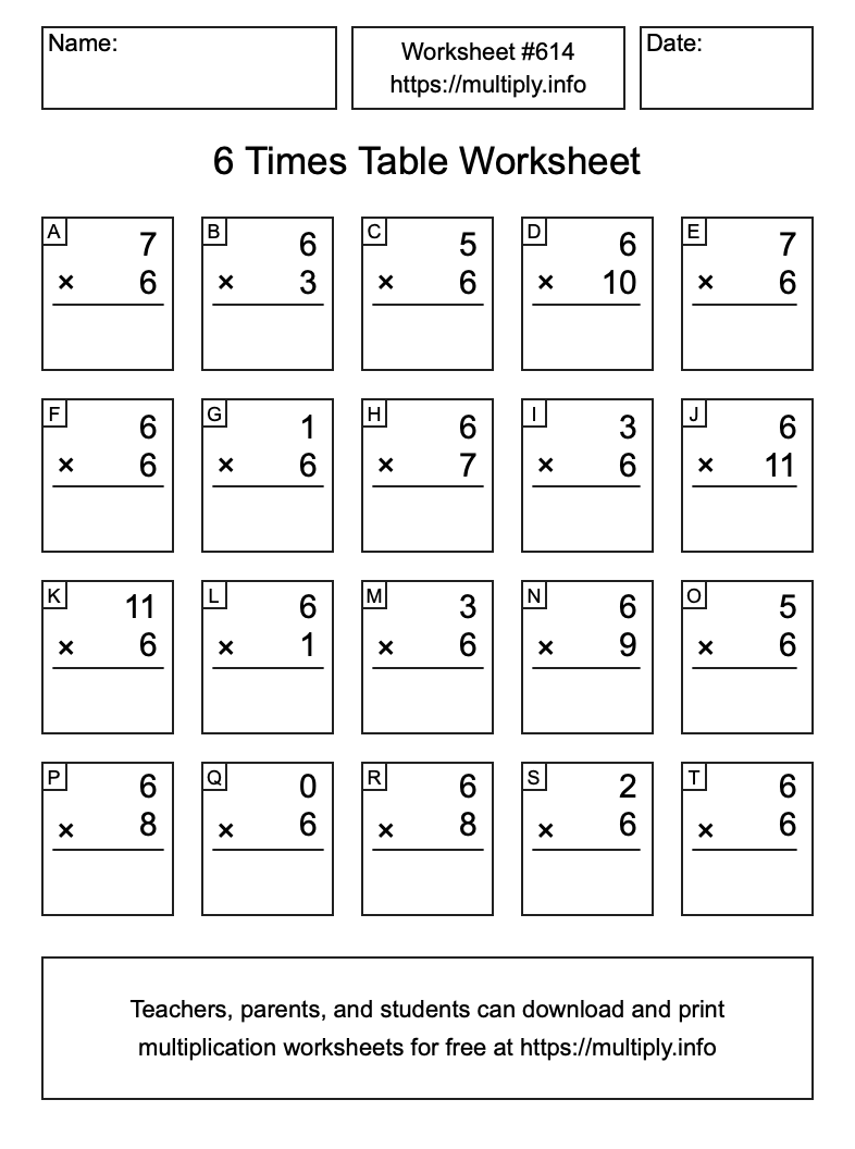 6 Times Table Worksheet #614