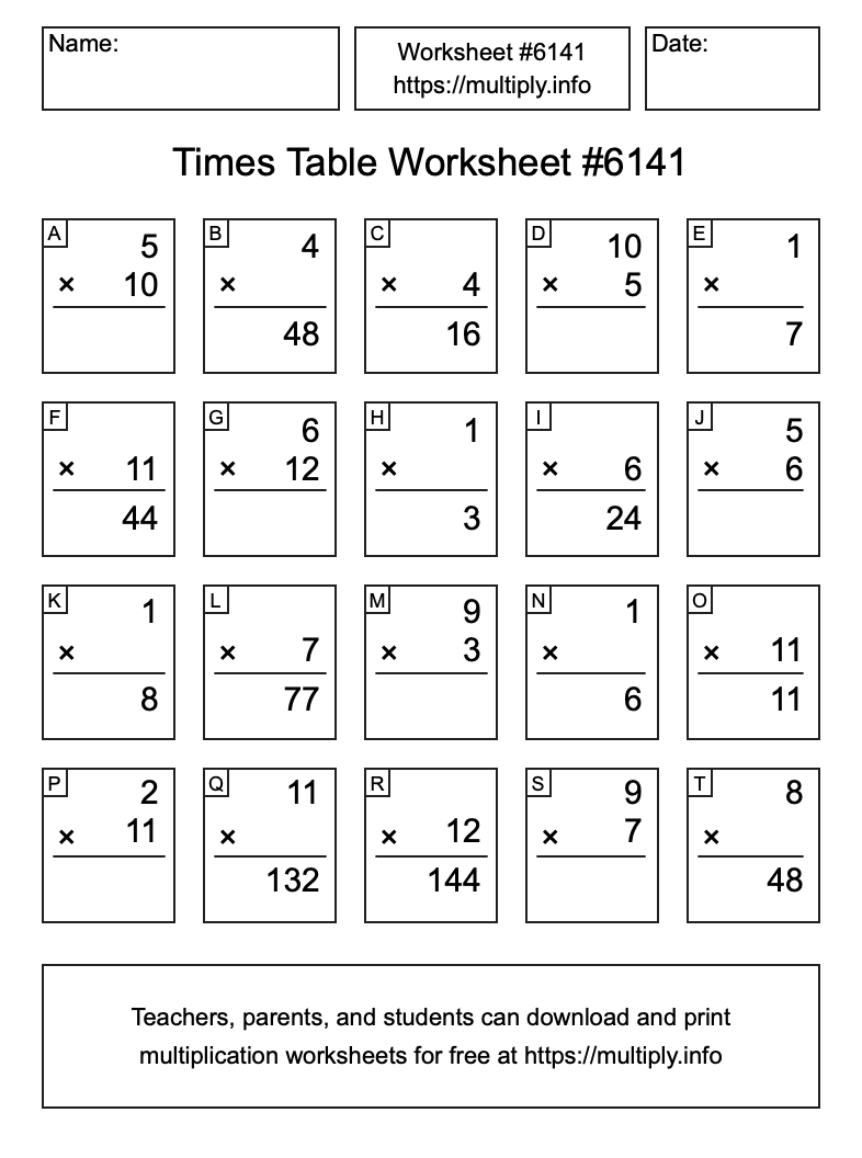 Times Table Worksheet #6141
