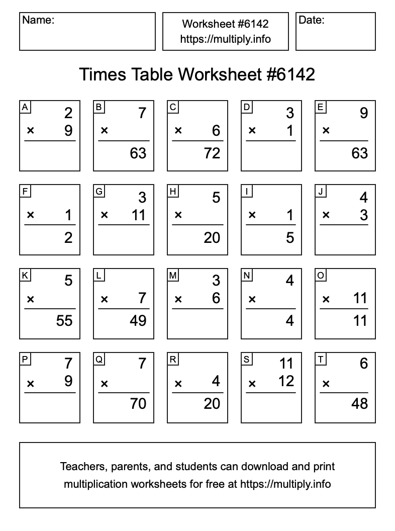 Times Table Worksheet #6142