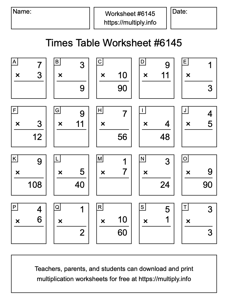 Times Table Worksheet #6145
