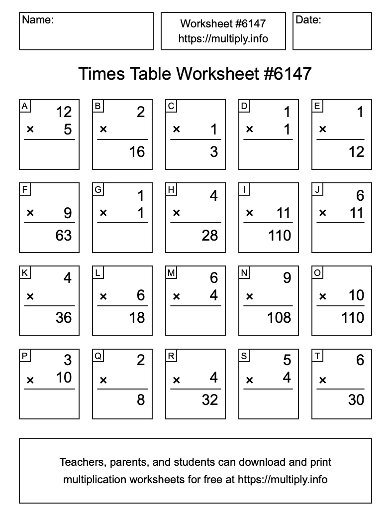Times Table Worksheet #6147