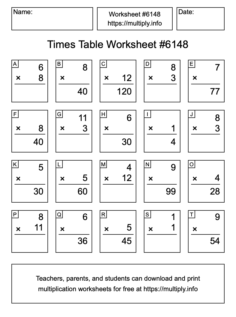 Times Table Worksheet #6148