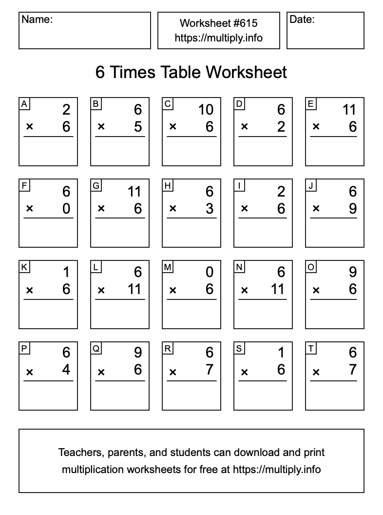 6 Times Table Worksheet #615