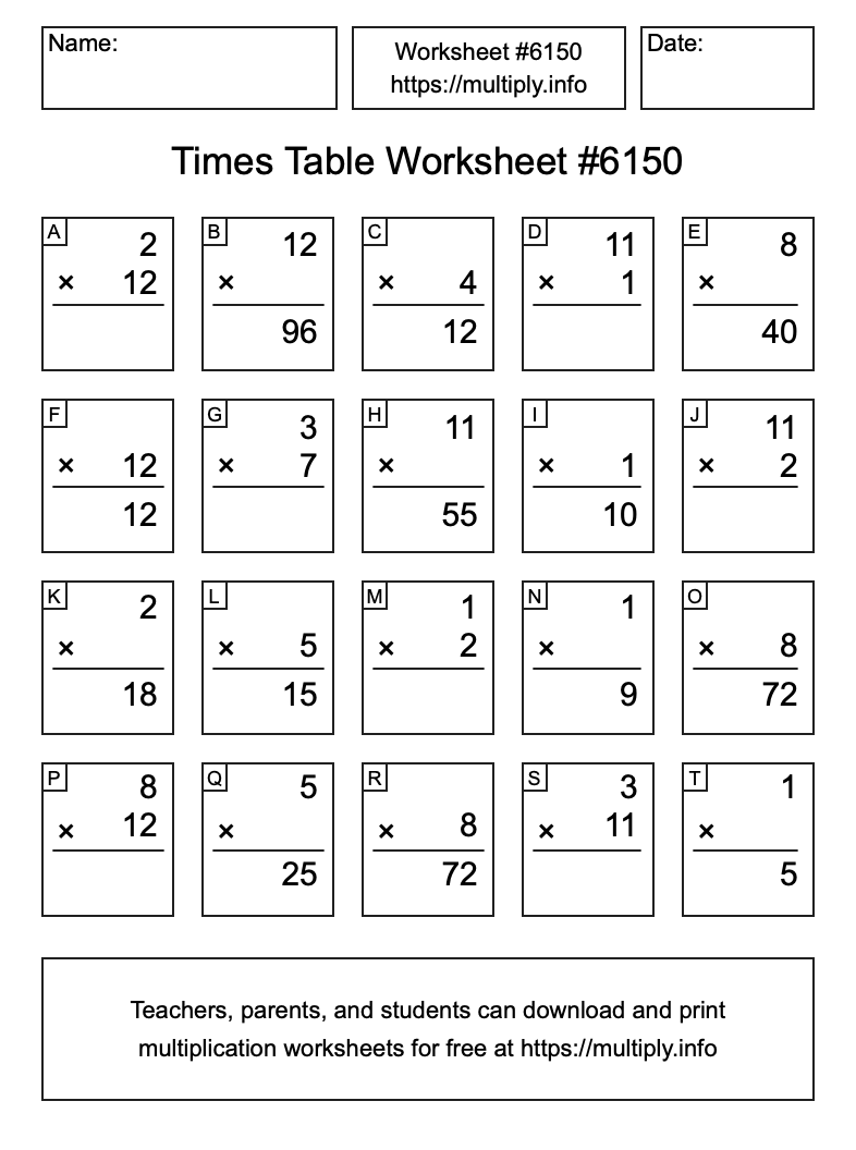 Times Table Worksheet #6150