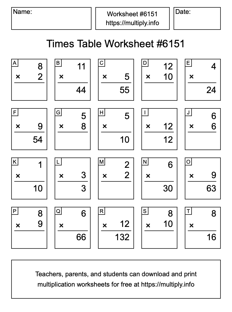 Times Table Worksheet #6151
