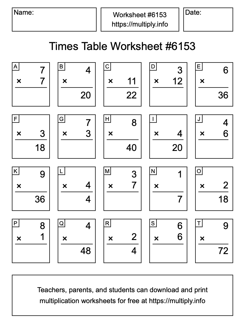 Times Table Worksheet #6153