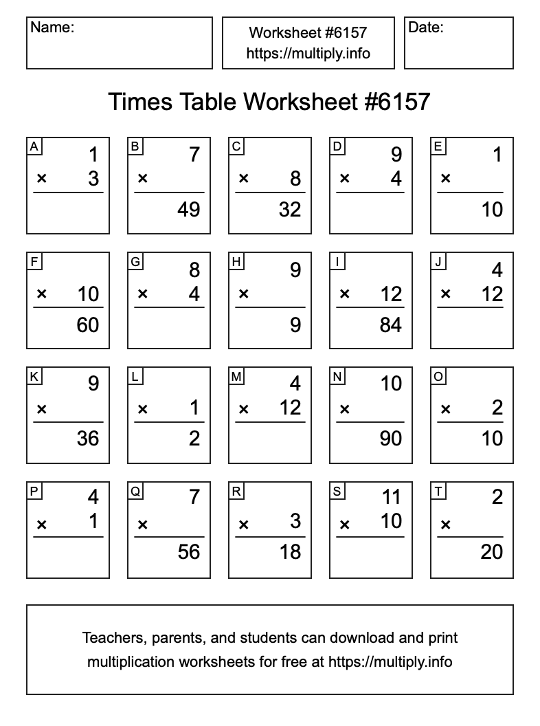 Times Table Worksheet #6157