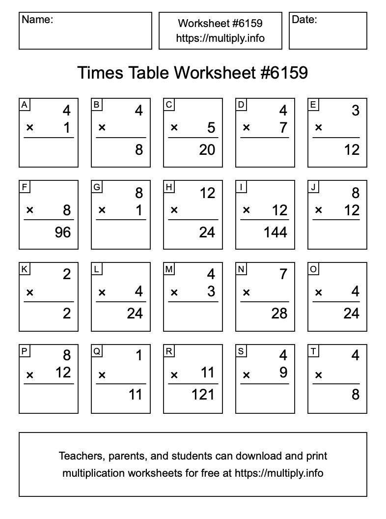 Times Table Worksheet #6159