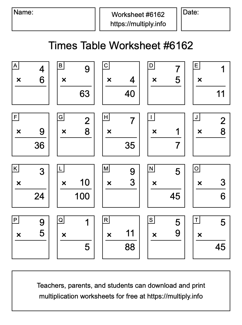 Times Table Worksheet #6162