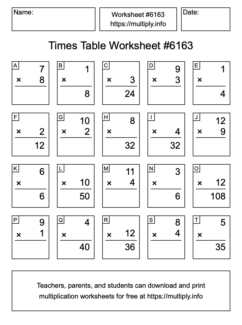 Times Table Worksheet #6163