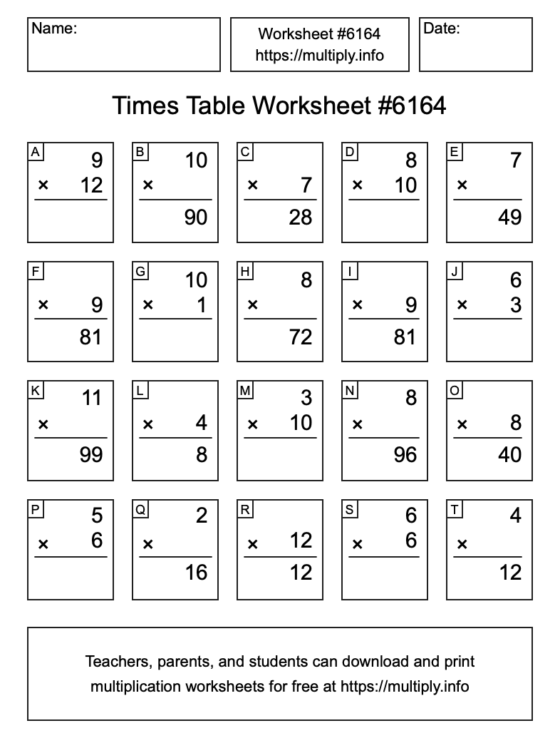 Times Table Worksheet #6164