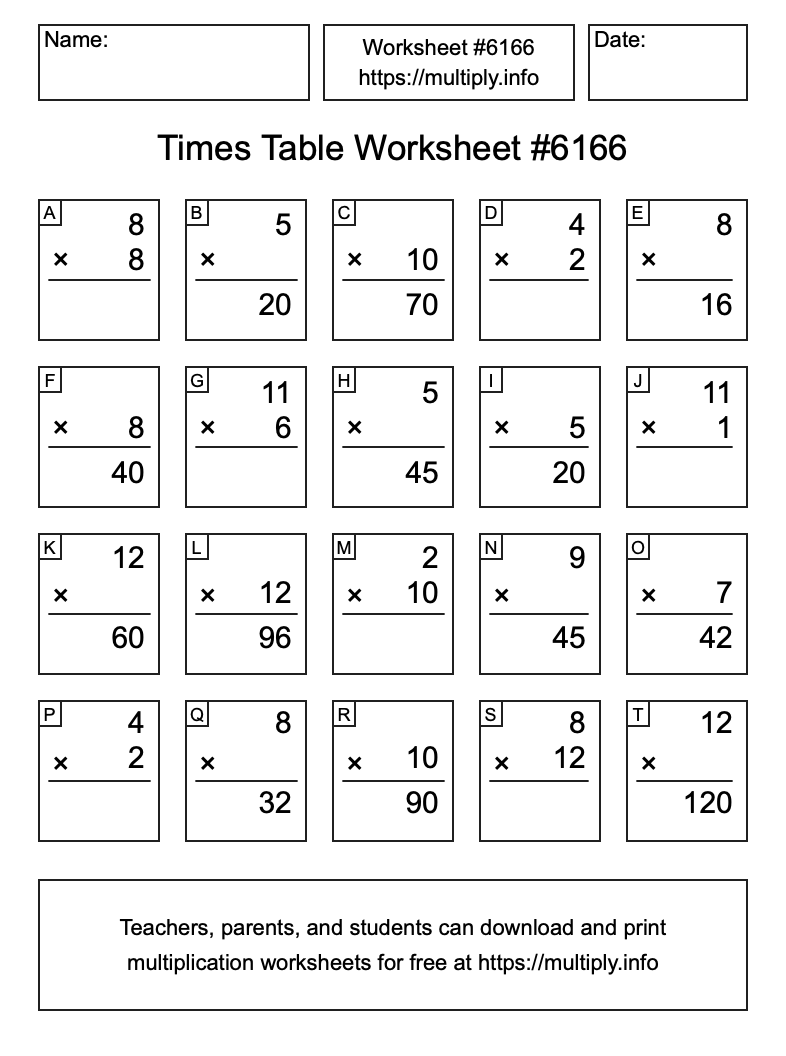 Times Table Worksheet #6166