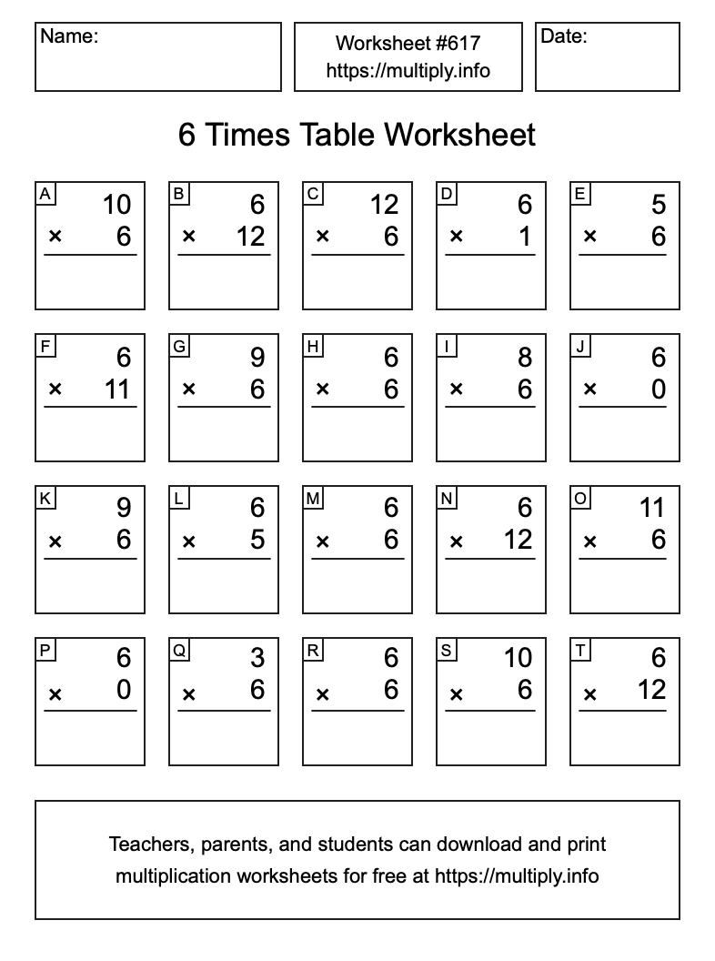6 Times Table Worksheet #617