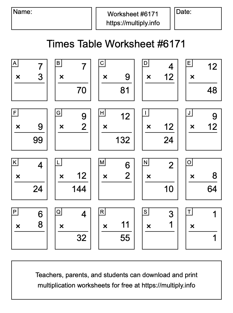 Times Table Worksheet #6171