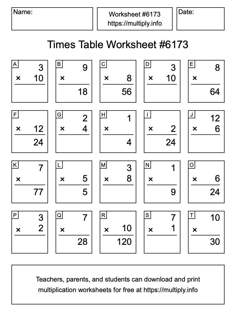 Times Table Worksheet #6173