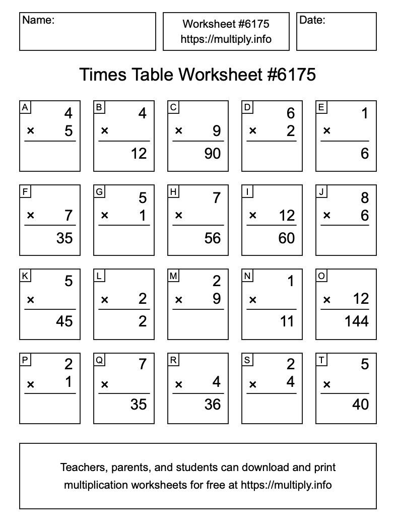 Times Table Worksheet #6175