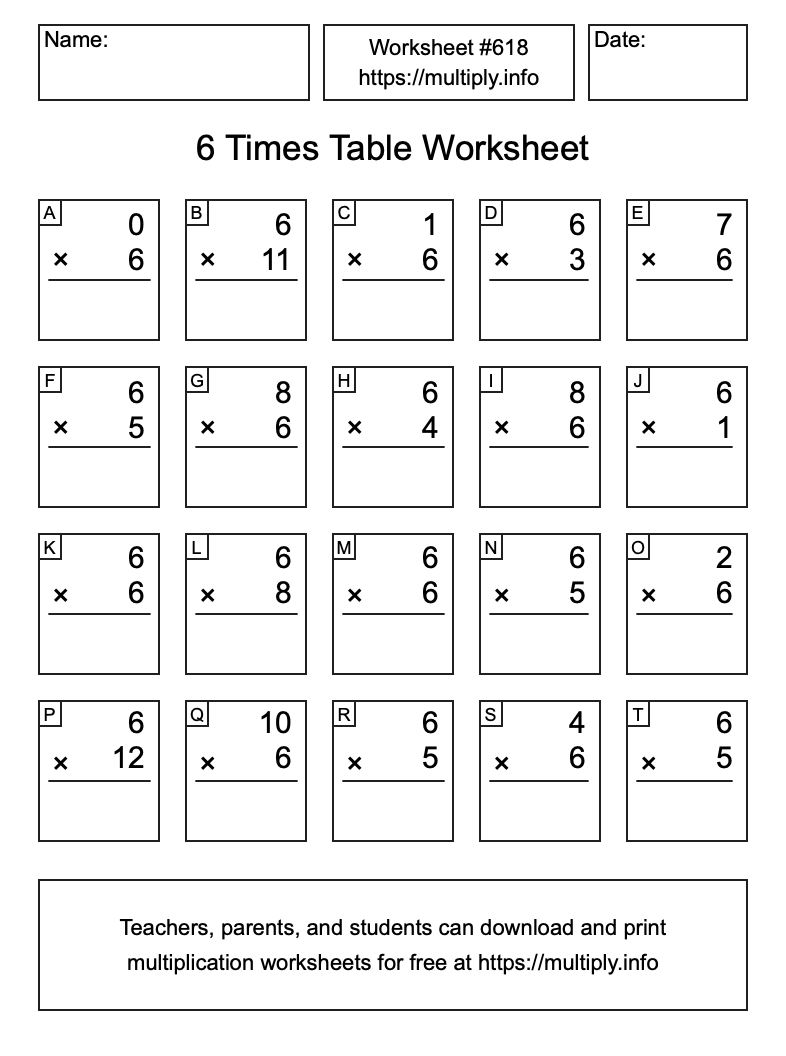 6 Times Table Worksheet #618