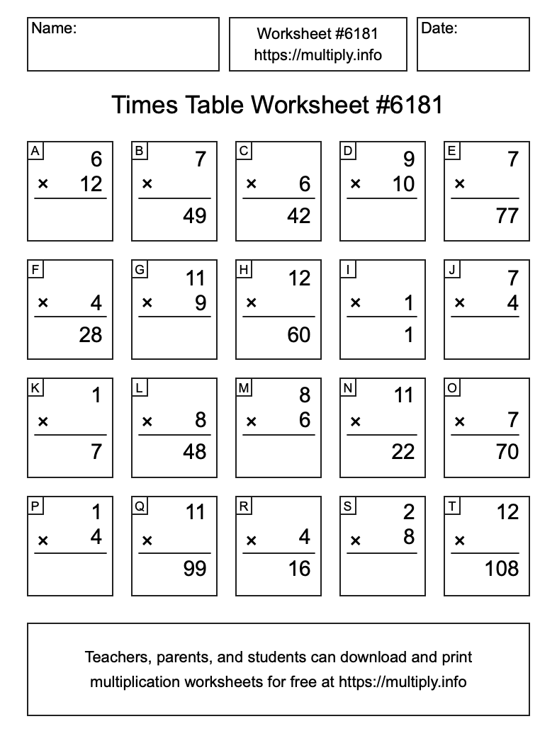 Times Table Worksheet #6181