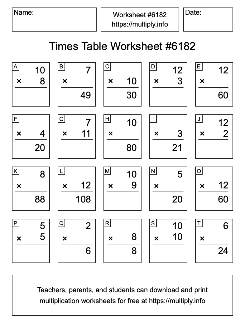 Times Table Worksheet #6182