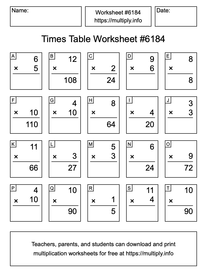 Times Table Worksheet #6184