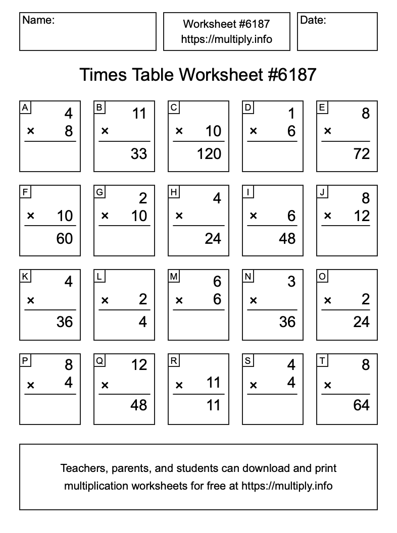Times Table Worksheet #6187