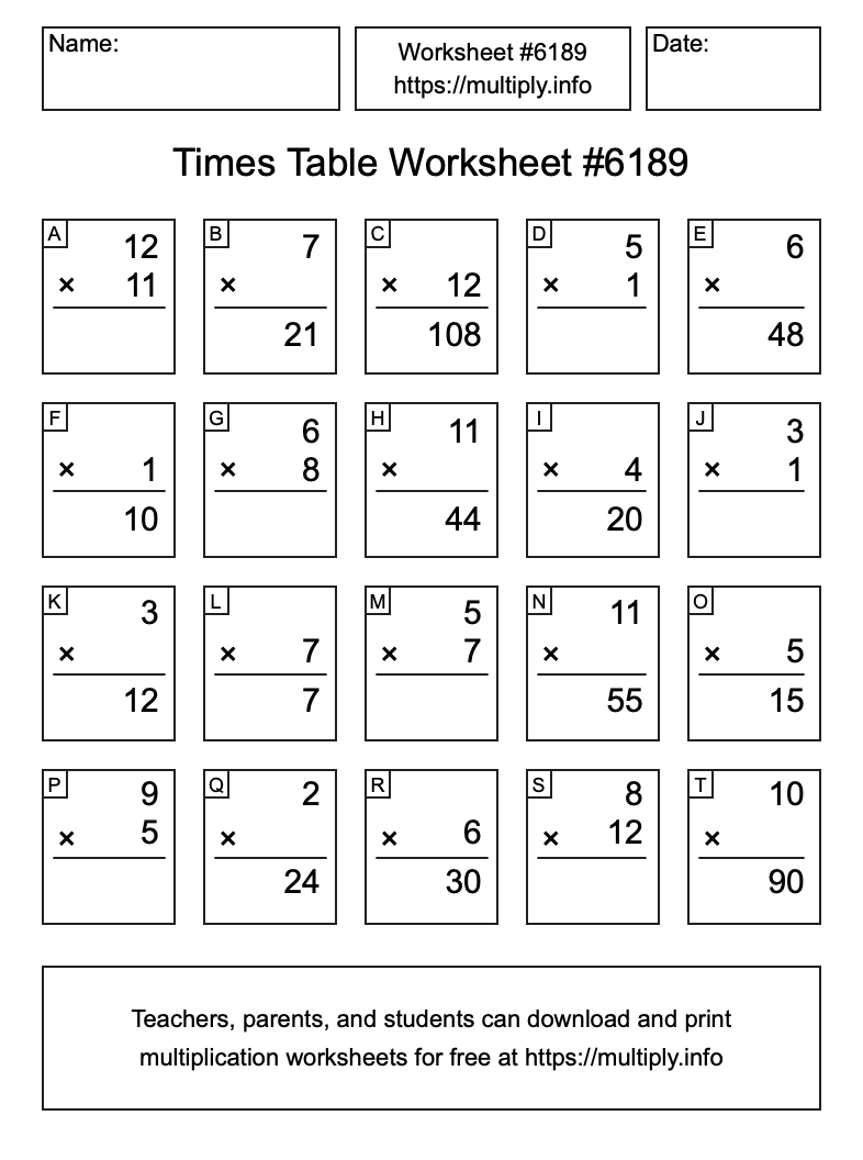 Times Table Worksheet #6189