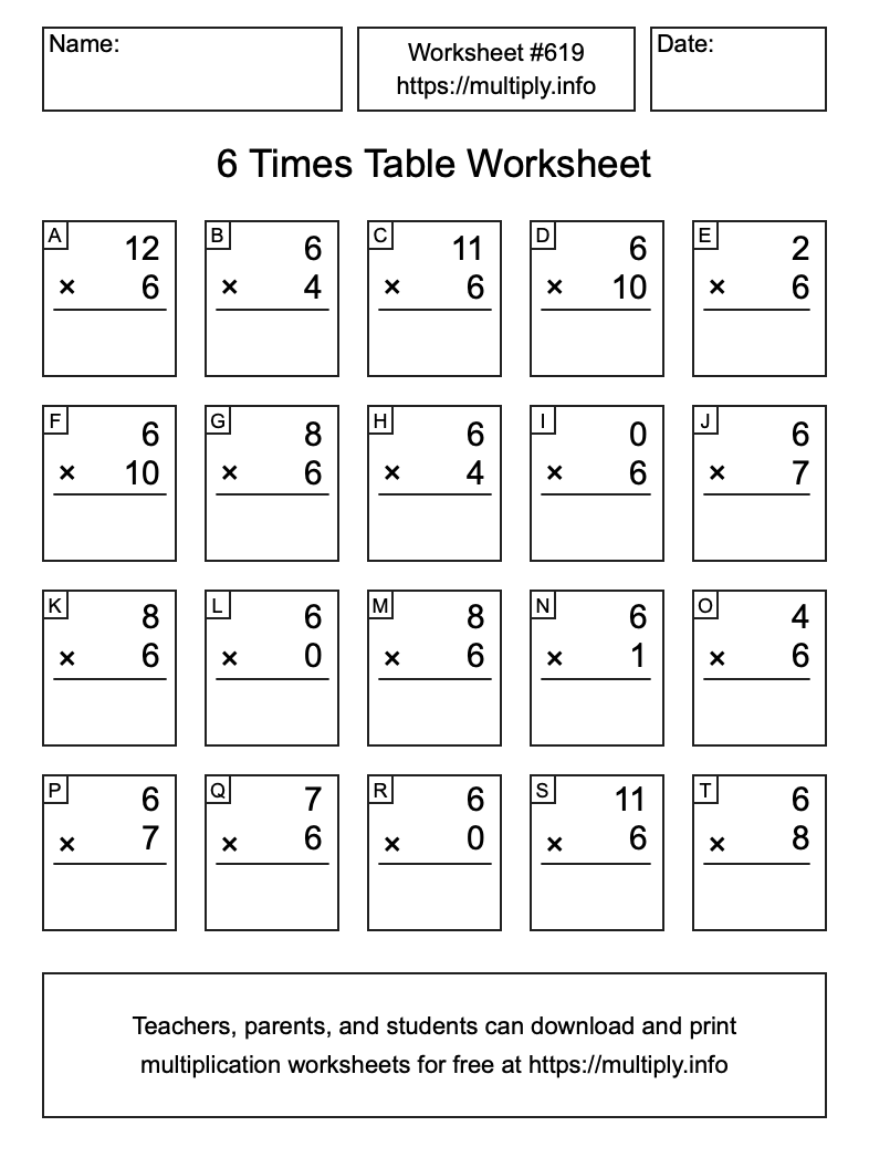 6 Times Table Worksheet #619