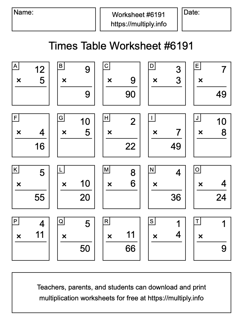 Times Table Worksheet #6191