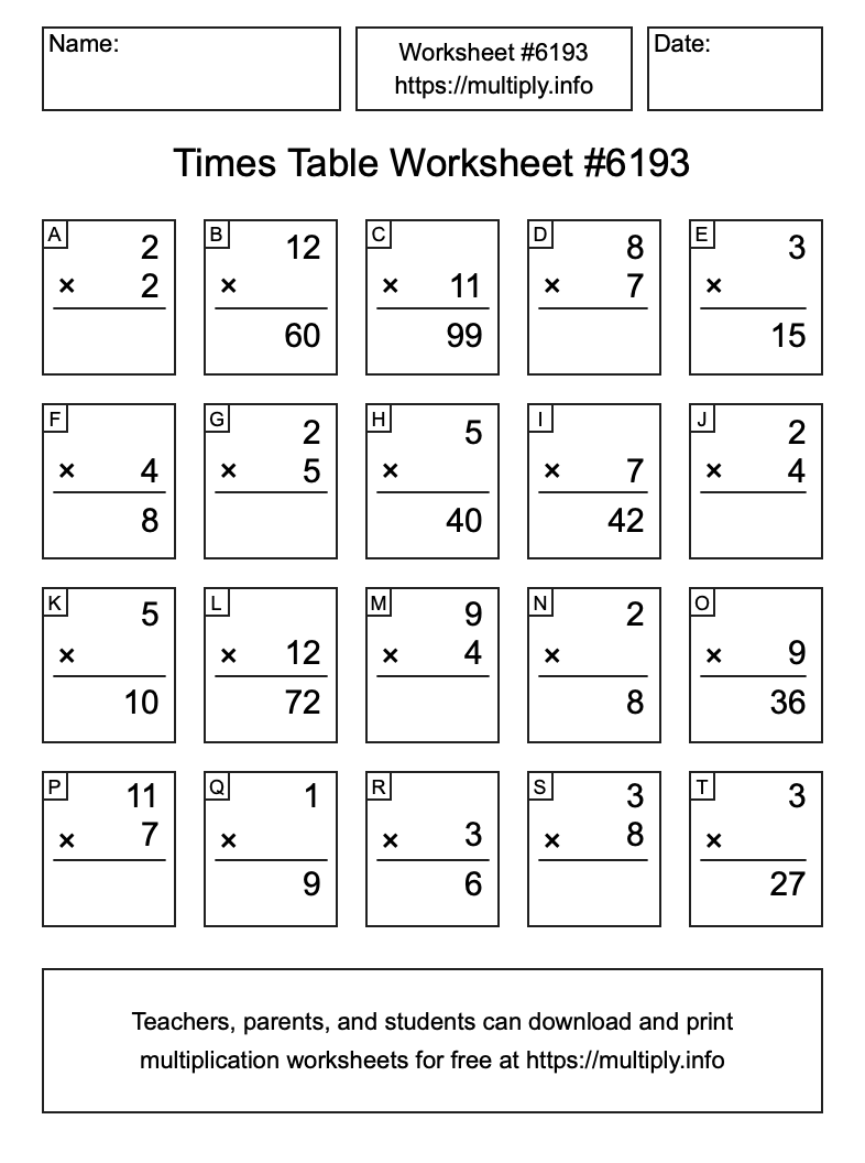Times Table Worksheet #6193