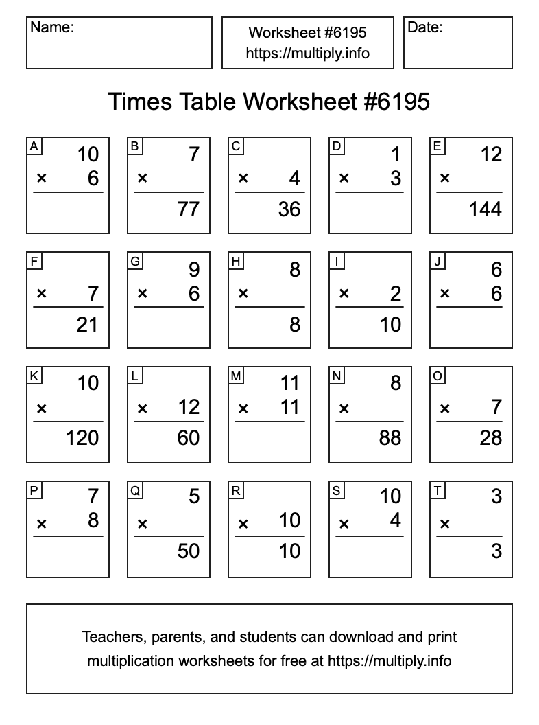 Times Table Worksheet #6195
