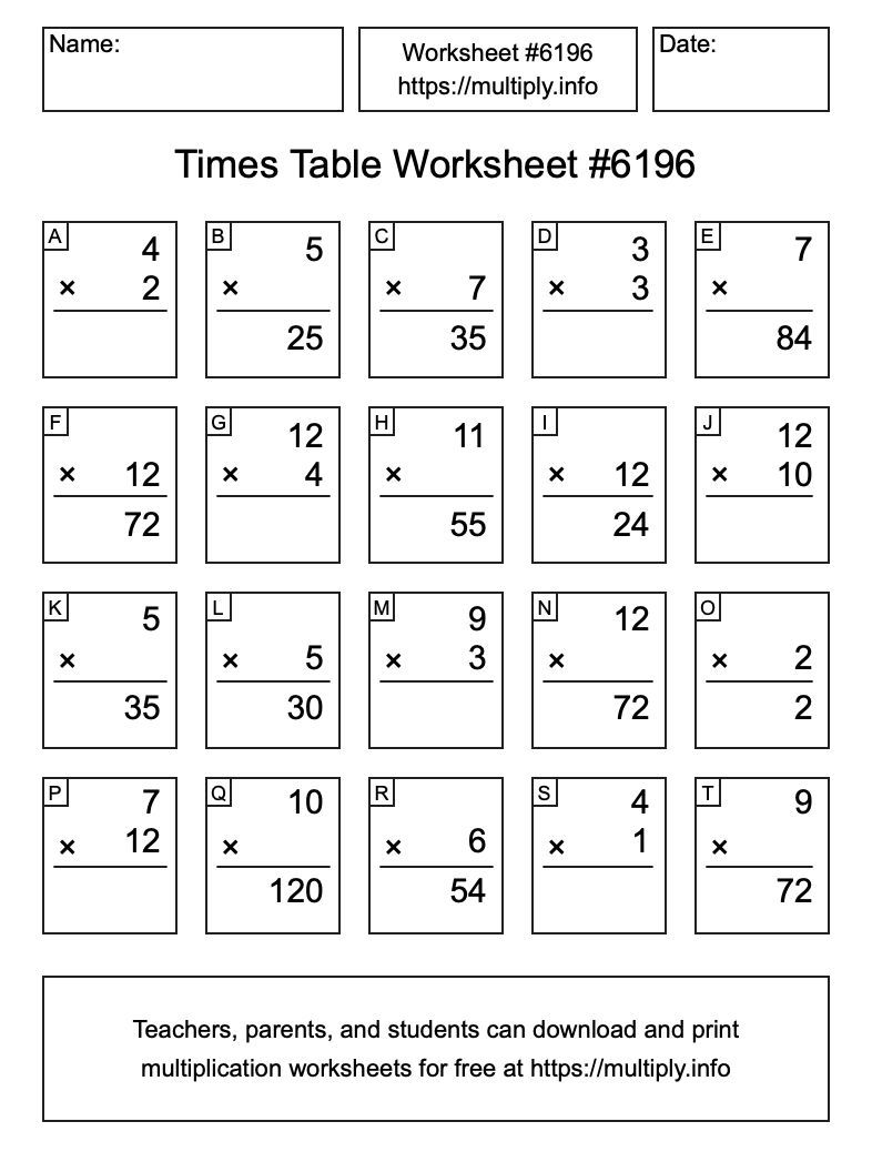 Times Table Worksheet #6196