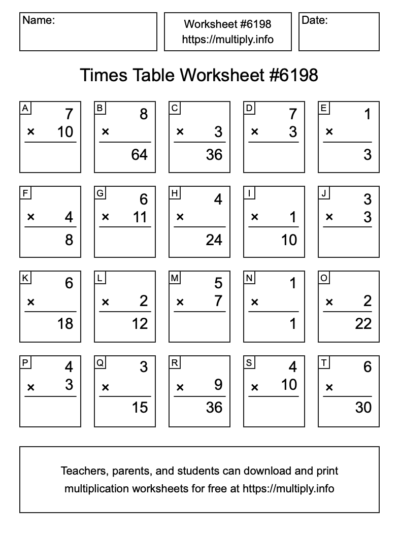 Times Table Worksheet #6198