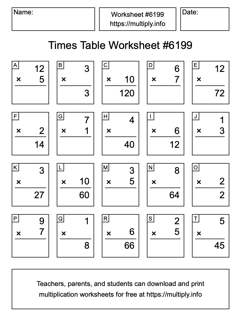 Times Table Worksheet #6199